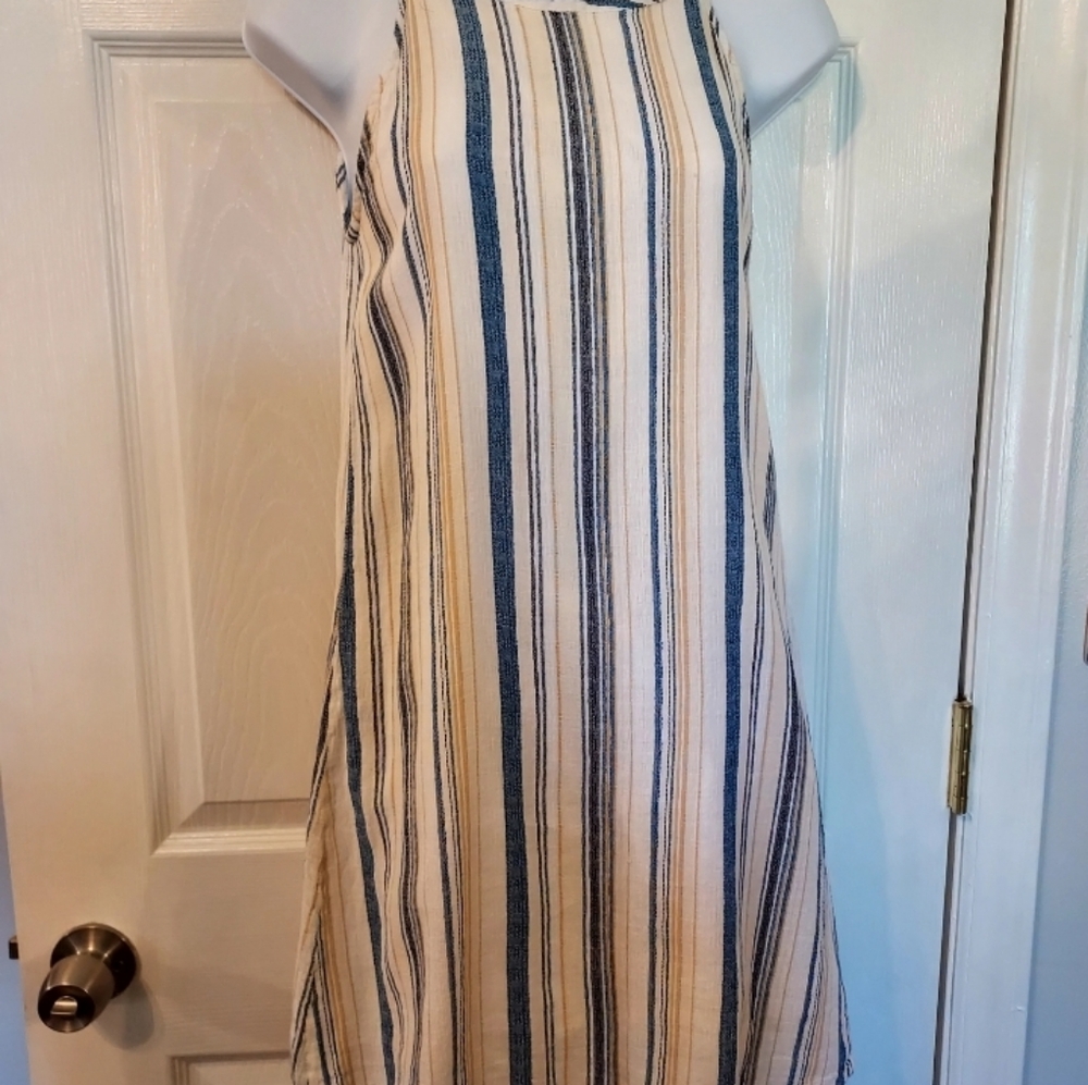 MNG Mango Linen Blend Mini Dress 2 blue mustard yellow cream stripes Coastal